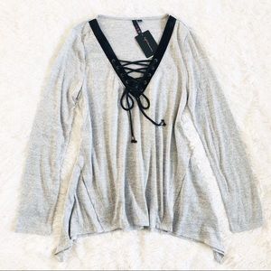 Gray and Black Lace Up Draped Sides Top